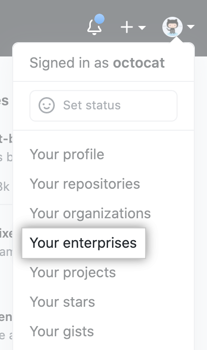 GitHub 上个人资料照片下拉菜单中的"Your enterprises(您的企业)"